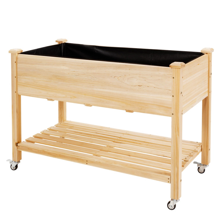 Hivvago Wood Elevated Planter Bed with Lockable Wheels Shelf and Liner