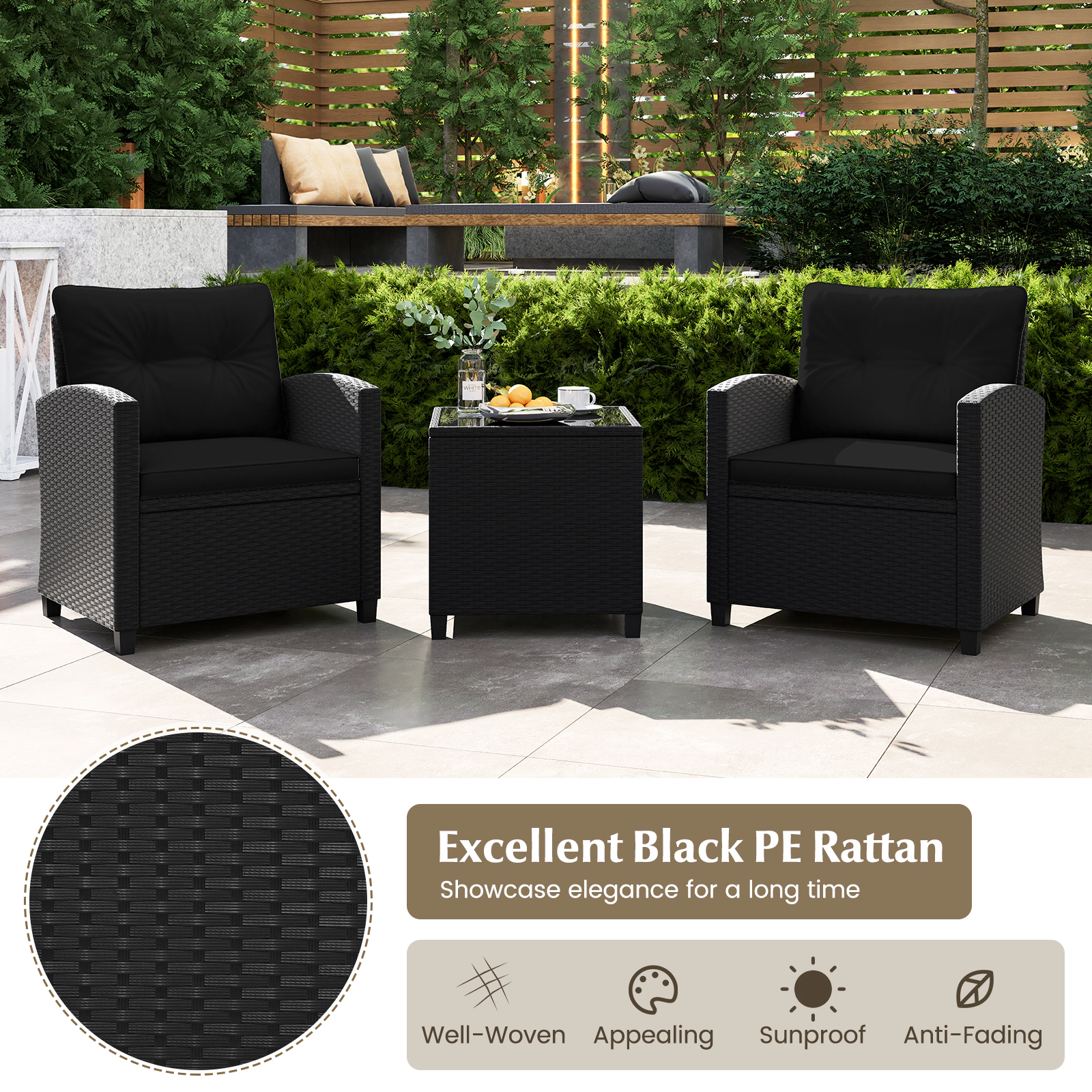 SUGIFT 3-Piece Black PE Rattan Patio Conversation Set with Cushions and Tempered Glass Table