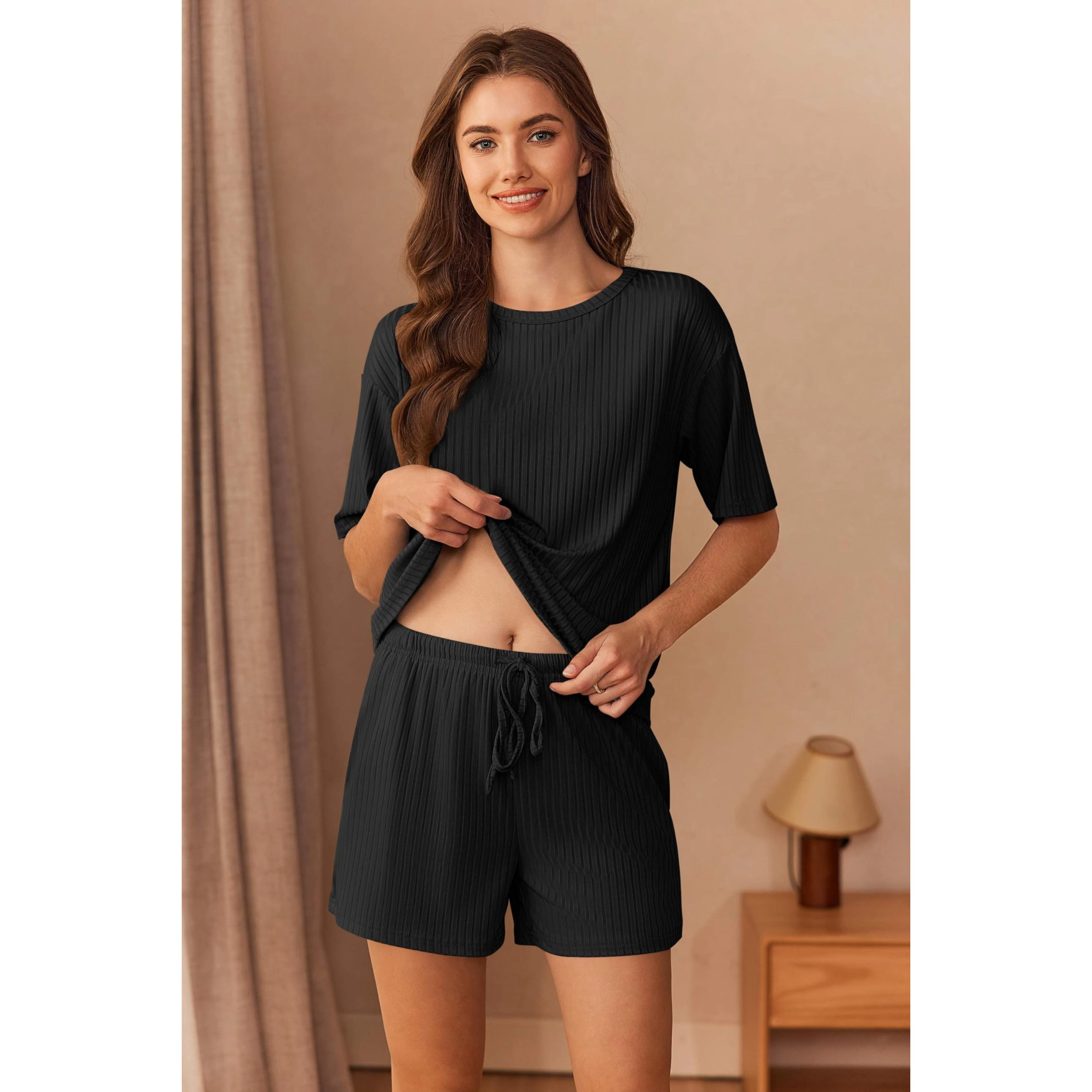 Ekouaer Pajamas Set Ribbed Knit Lounge Sets for Women Pjs Shorts Two Piece Shorts Outfits