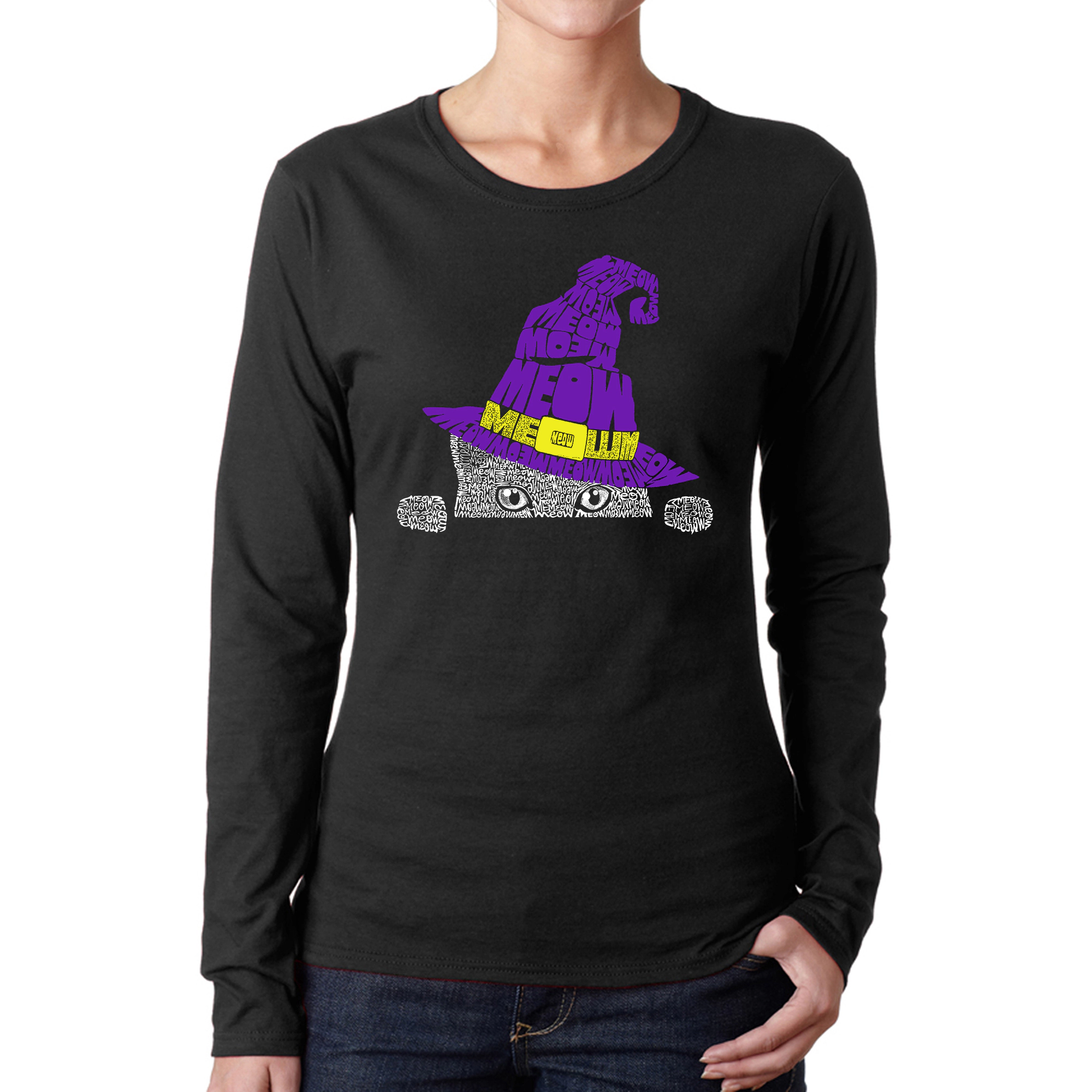 LA Pop Art Women's Word Long Sleeve T-Shirt - Peeking Witch Cat