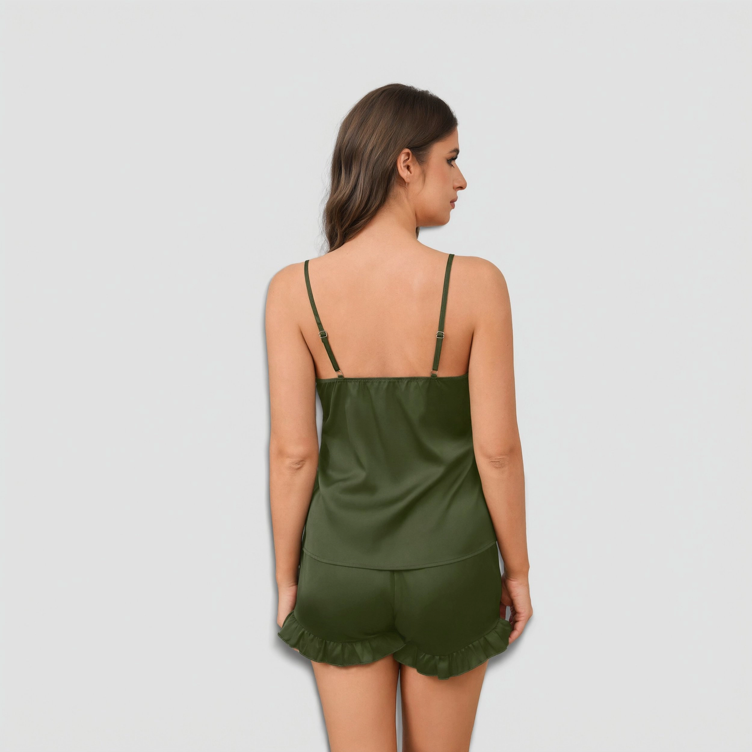 Ekouaer Women's Two Piece Silky Satin V-Neck Cami and Ruffle Pajama Shorts Set