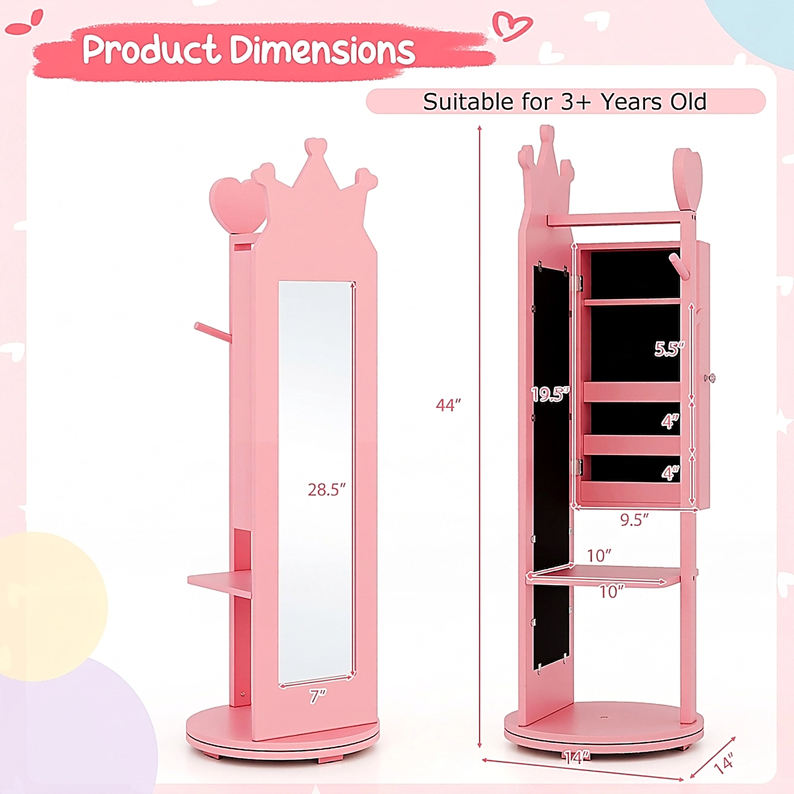 SUGIFT Princess Vanity Table and Stool with Jewelry Cabinet and Full-Length Mirror 110-Lb Capacity Ages 3+ Pink/White