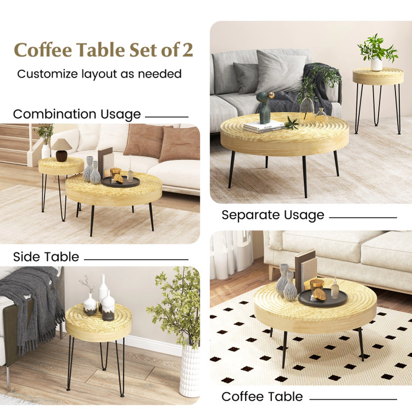 SUGIFT Set of 2 Round Solid Pine Coffee Tables, Ripple Pattern, Natural Finish