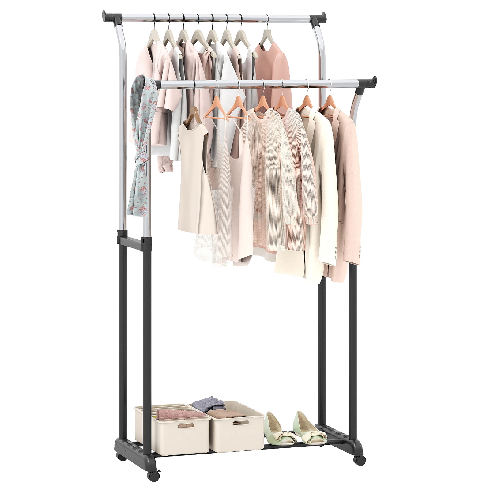 Glintex Rolling Double-Rod Garment Rack with Curved Rods and Wide Spacing, Black
