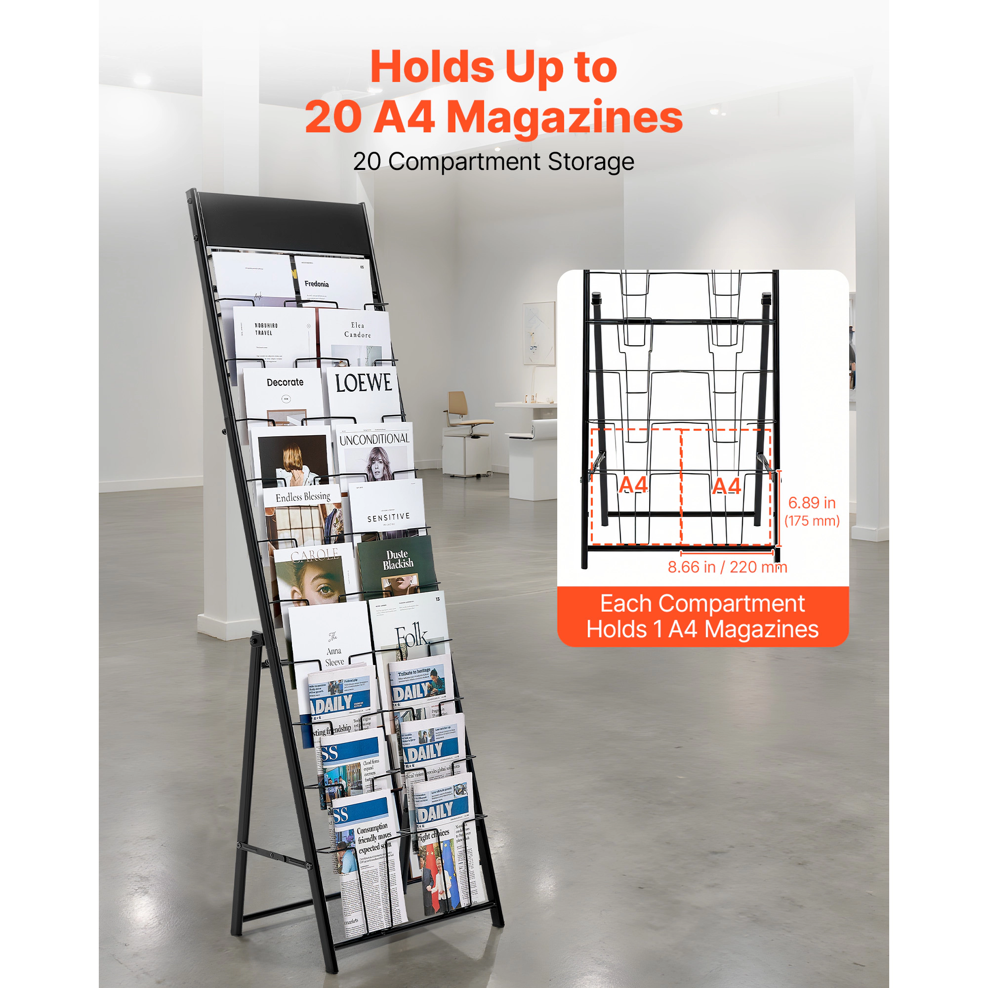 HONGGE Brochure Display Rack Pockets Magazine Literature Stand Portable Floor Standing Metal