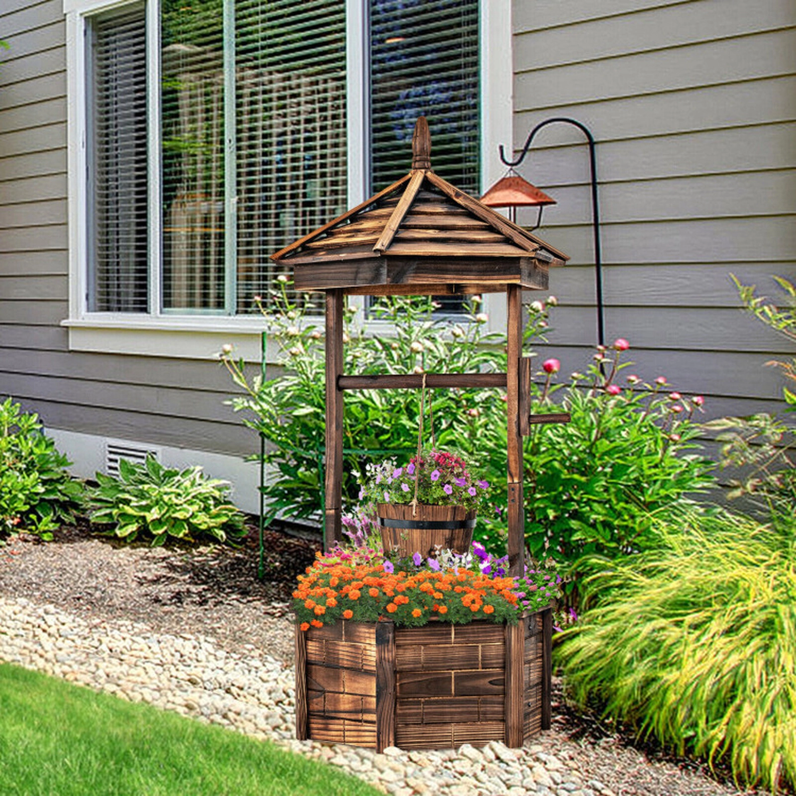 SUGIFT Brown Rustic Fir Wood Wishing Well Planter with Hanging Bucket 24.5-in W 24.5-in D 49-in H 21-in Base