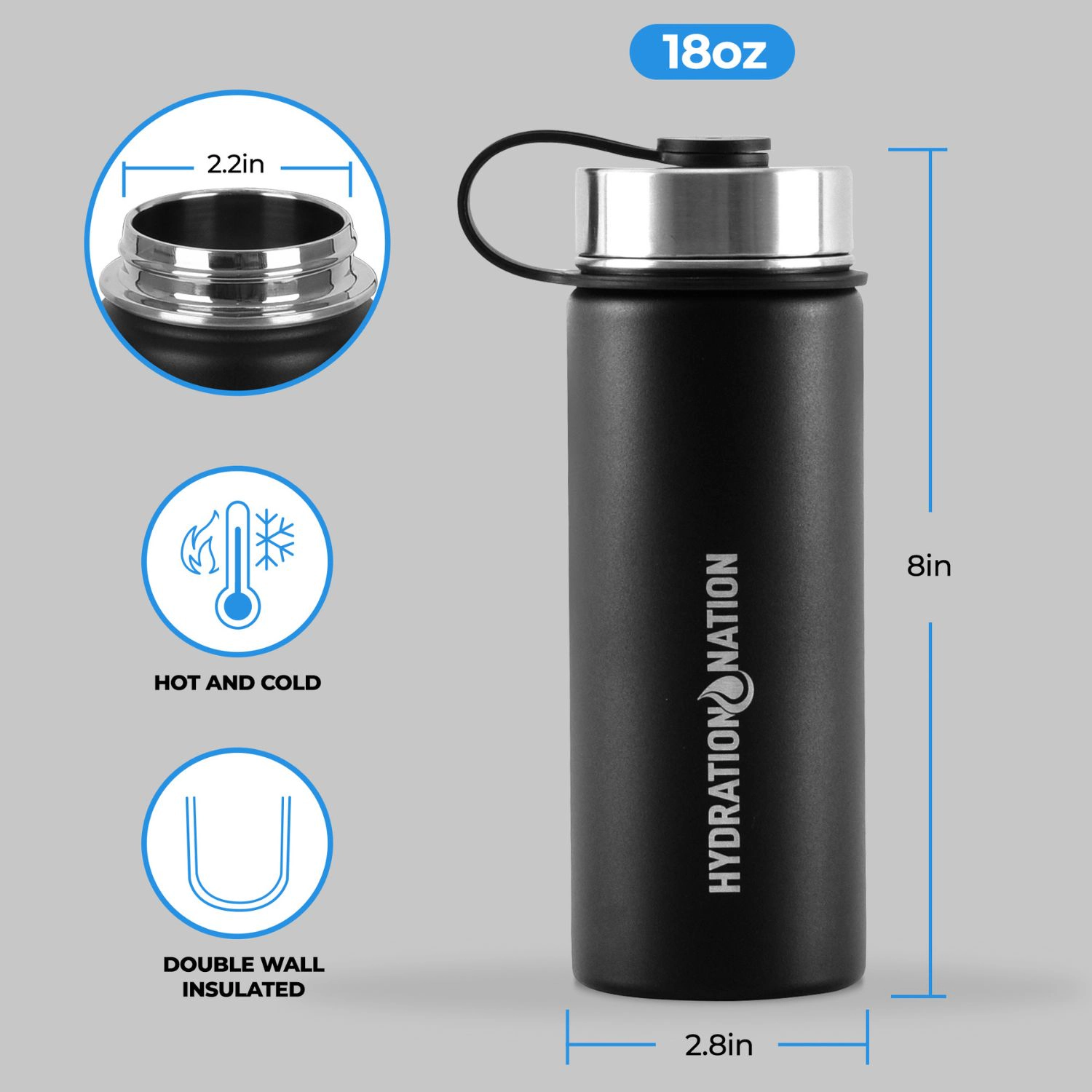 Zulay Kitchen 3 Lid 18oz Vacuum Insulated Water Bottles with Straw by Hydration Nation