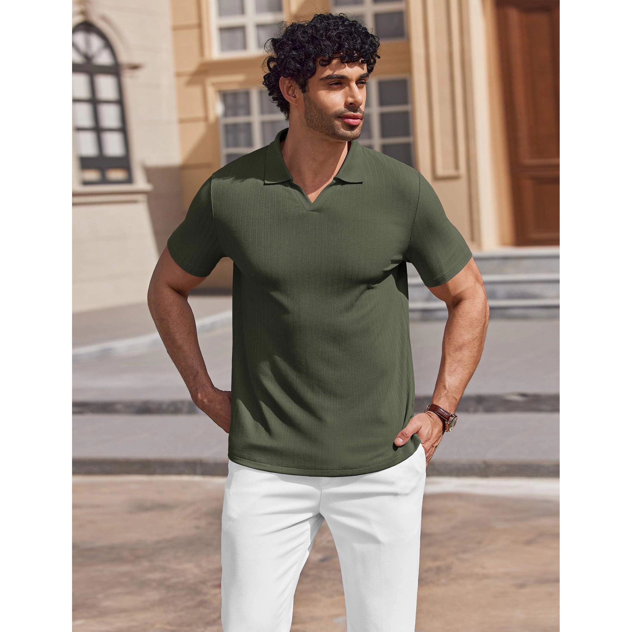 COOFANDY Mens Short Sleeve Polo Shirts  V Neck Collared Ribbed Casual Tops