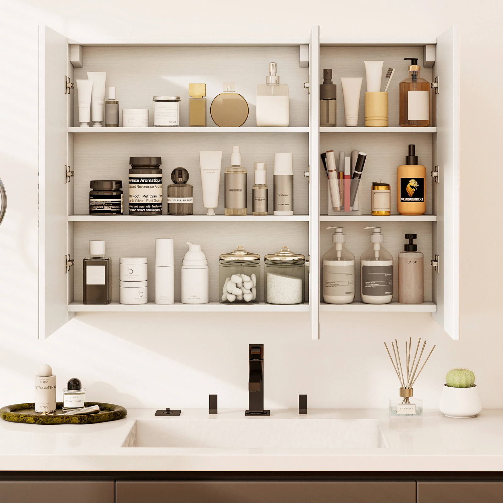Slickblue Wall Mounted Bathroom Mirror Cabinet with 6 Storage Compartments White