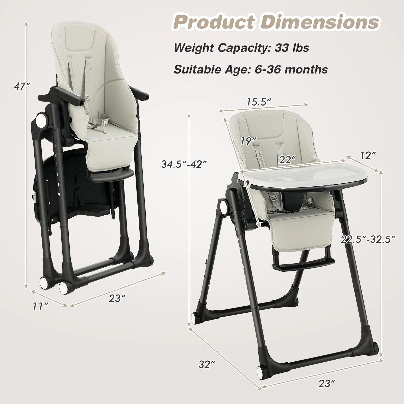 SUGIFT Gray 6 Adjustable Heights Aluminum Frame and Rolling Wheels 4-in-1 Baby High Chair