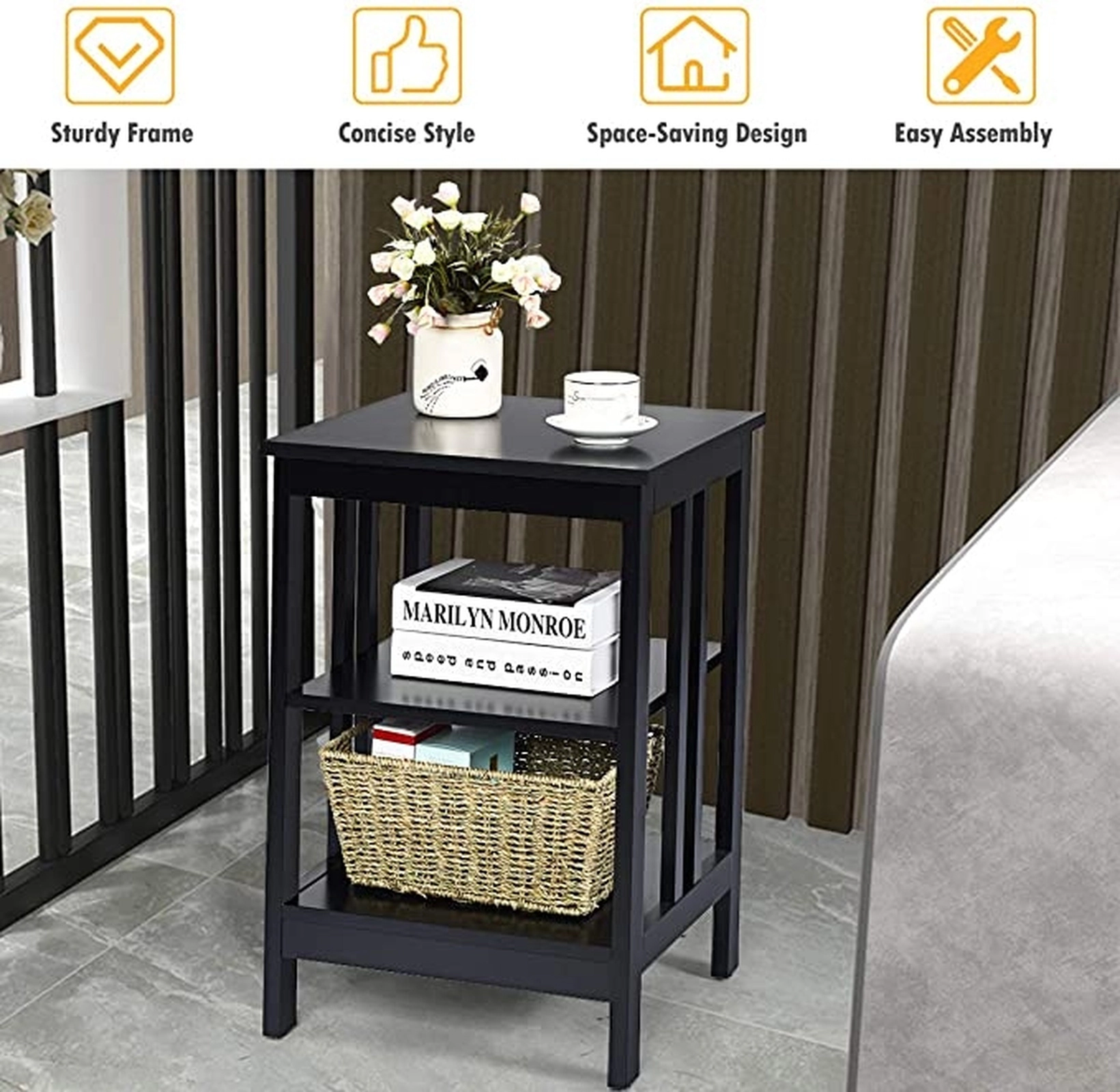 SUGIFT Set of 2 Black 3-Tier Nightstands with Charging Station, 24 in. Tall