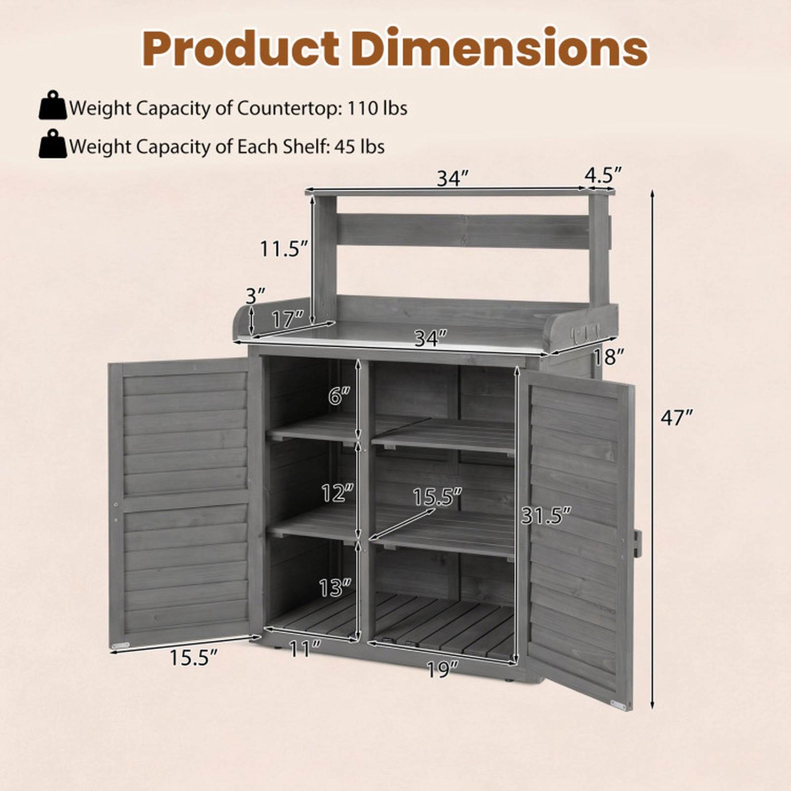 SUGIFT Gray Wood Potting Bench with Stainless Top and Cabinet 34-in W 18-in D 47-in H 110-lb Tabletop Capacity