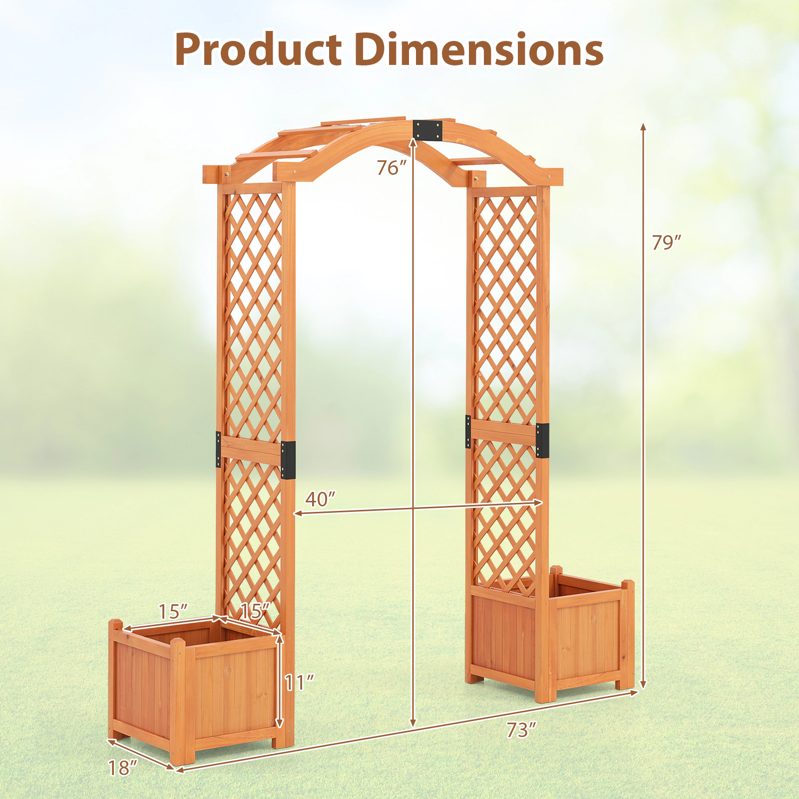 SUGIFT Orange Wooden Garden Arbor with 2 Planter Boxes and Side Trellises 73-in W 18-in D 79-in H 40-in Passage W
