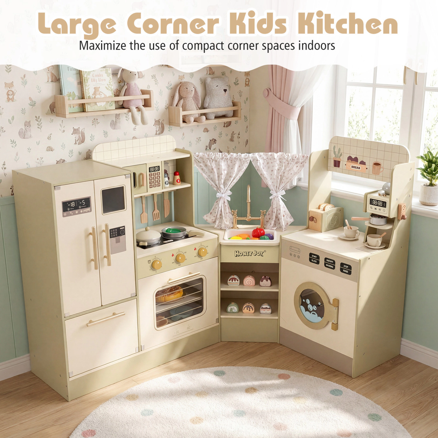 LJG Kids Corner Play Kitchen with Faucet and Dishwasher and Stoves