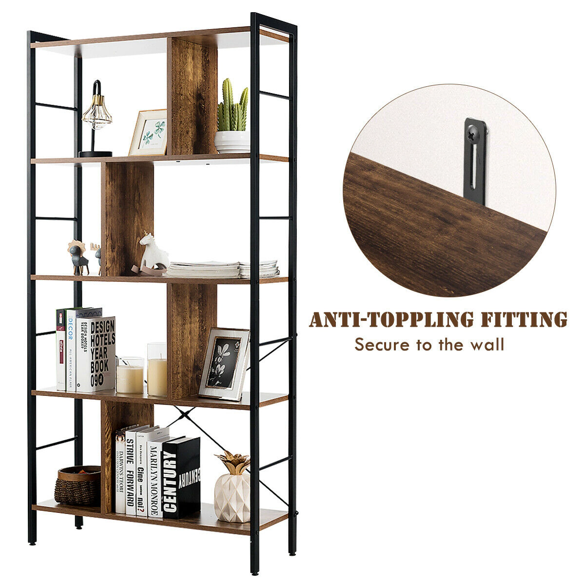 SUGIFT Rustic Brown 4-Tier Industrial Freestanding Bookshelf with Metal Frame