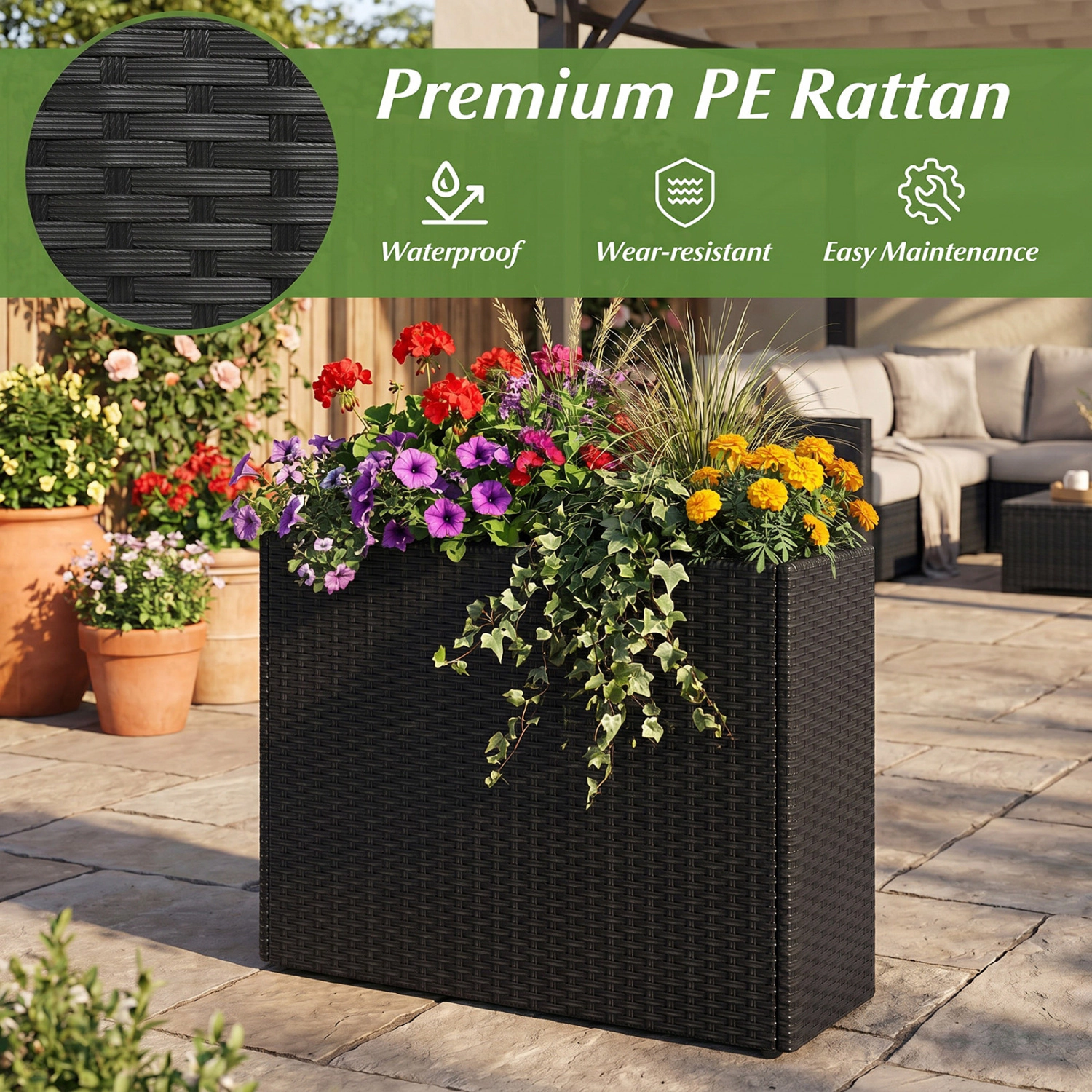 LJG Raised Garden Bed All-Weather PE Rattan Wicker Flowerpot with Liner