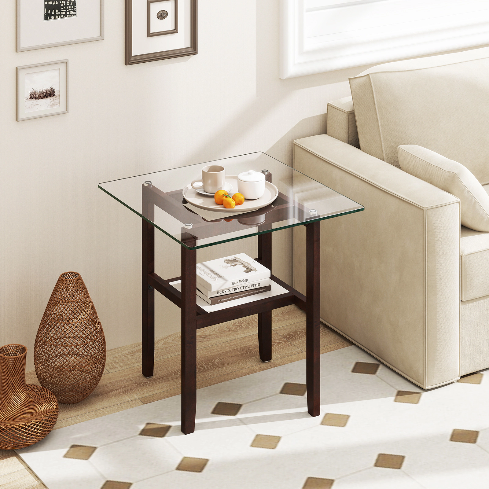 Glintex 24-Inch Square Tempered Glass Coffee Table with Rubber Wood Legs, Transparent
