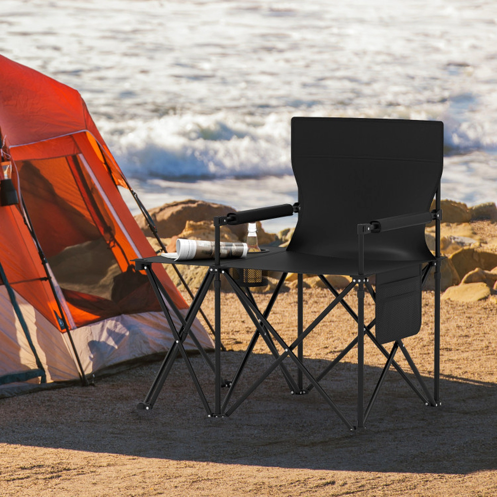 SUGIFT Black Oversized Camping Chair with Side Table and 2 Storage Pockets 32.5-in W 21.5-in D 330-lb Seat Capacity