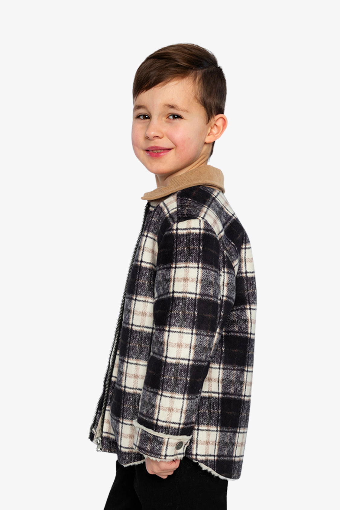 Deux par Boys Brushed Plaid Full Zip Jacket with Ribbed Collar