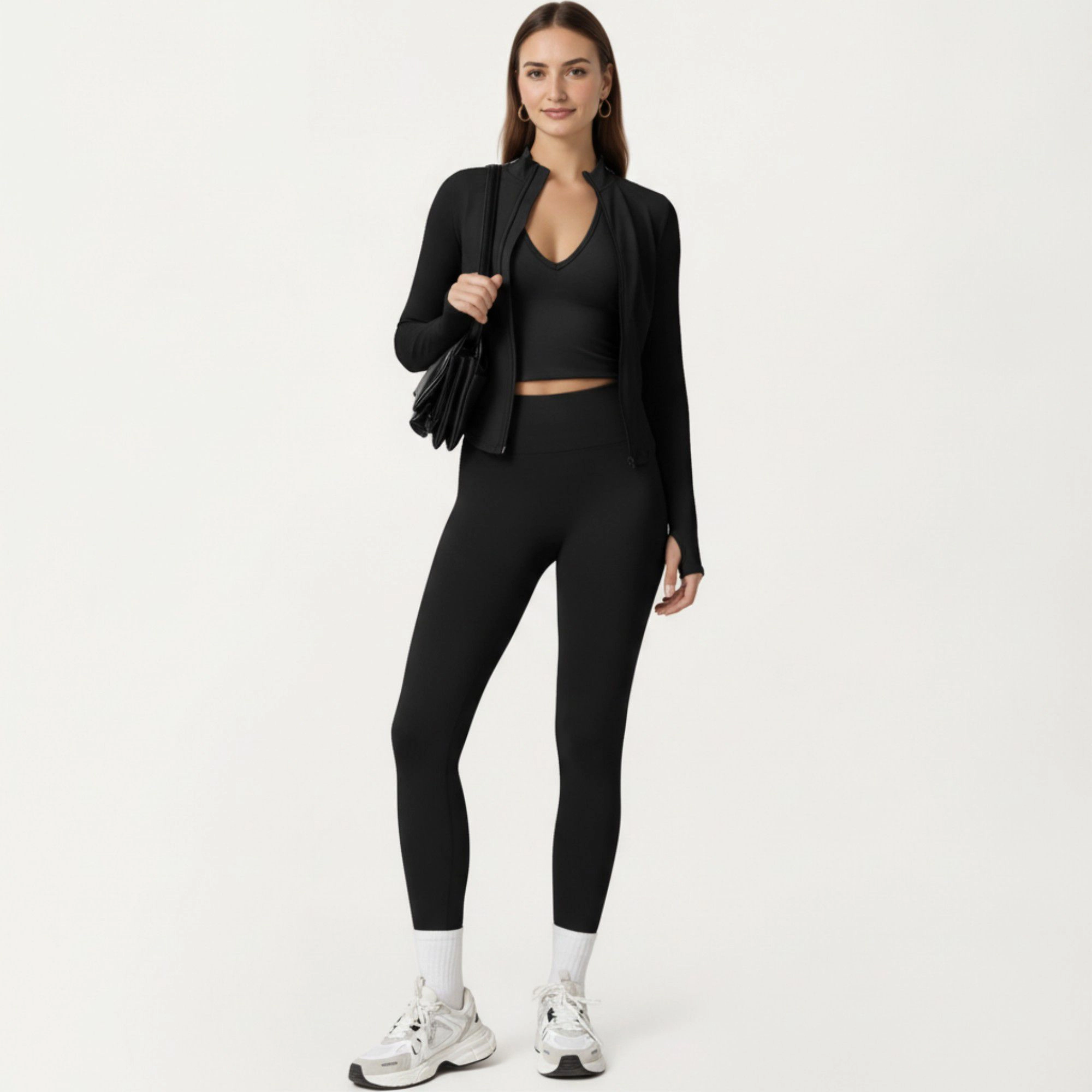Anna-Kaci Women's Long Sleeve Zip Front Fitted Active Top with High Neck and Thumbhole Cuffs