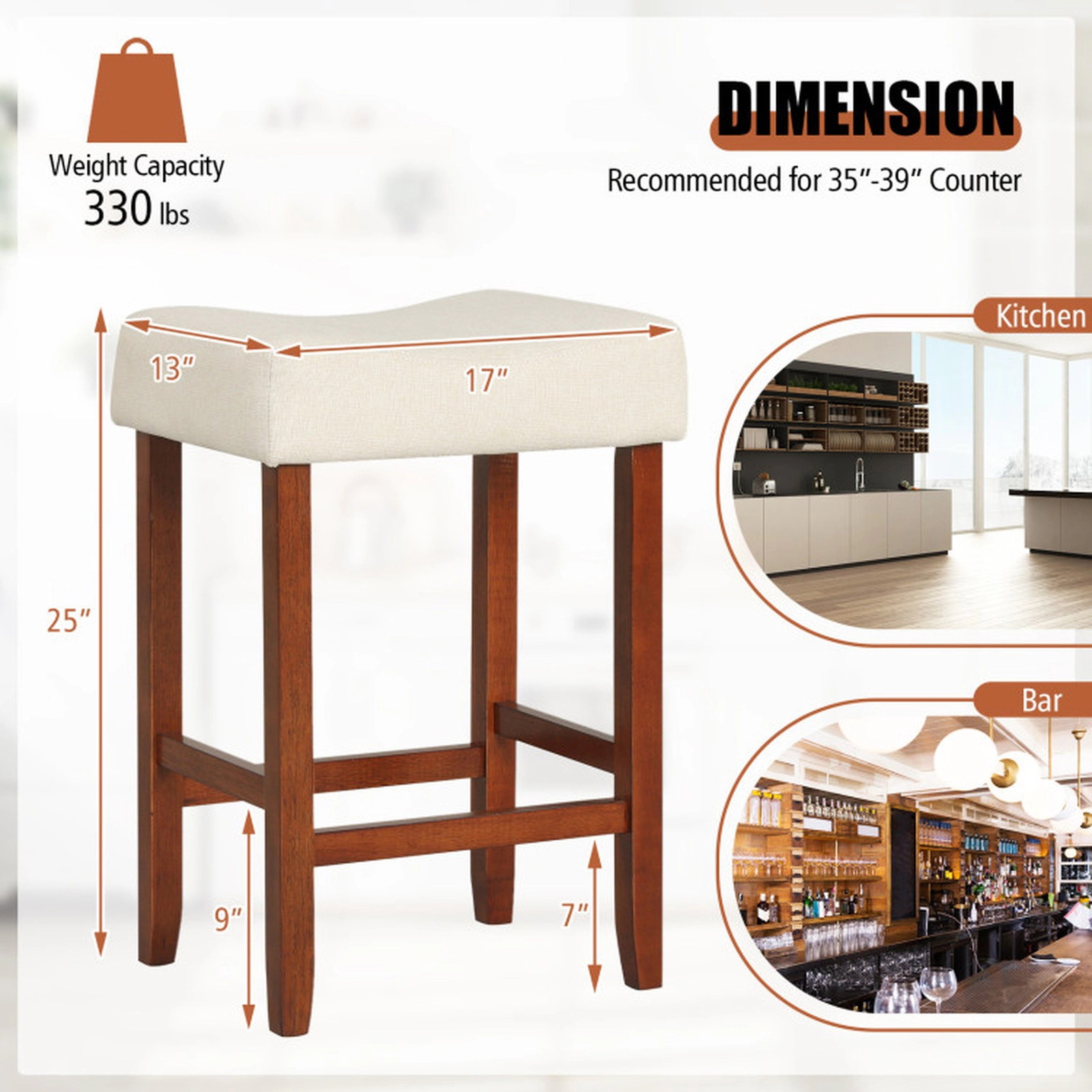 SUGIFT Curved Seat 24-in Bar Stools with Cushions 330-lb Capacity Ideal for 35-39-in Counters Set of 2 Beige Gray Brown