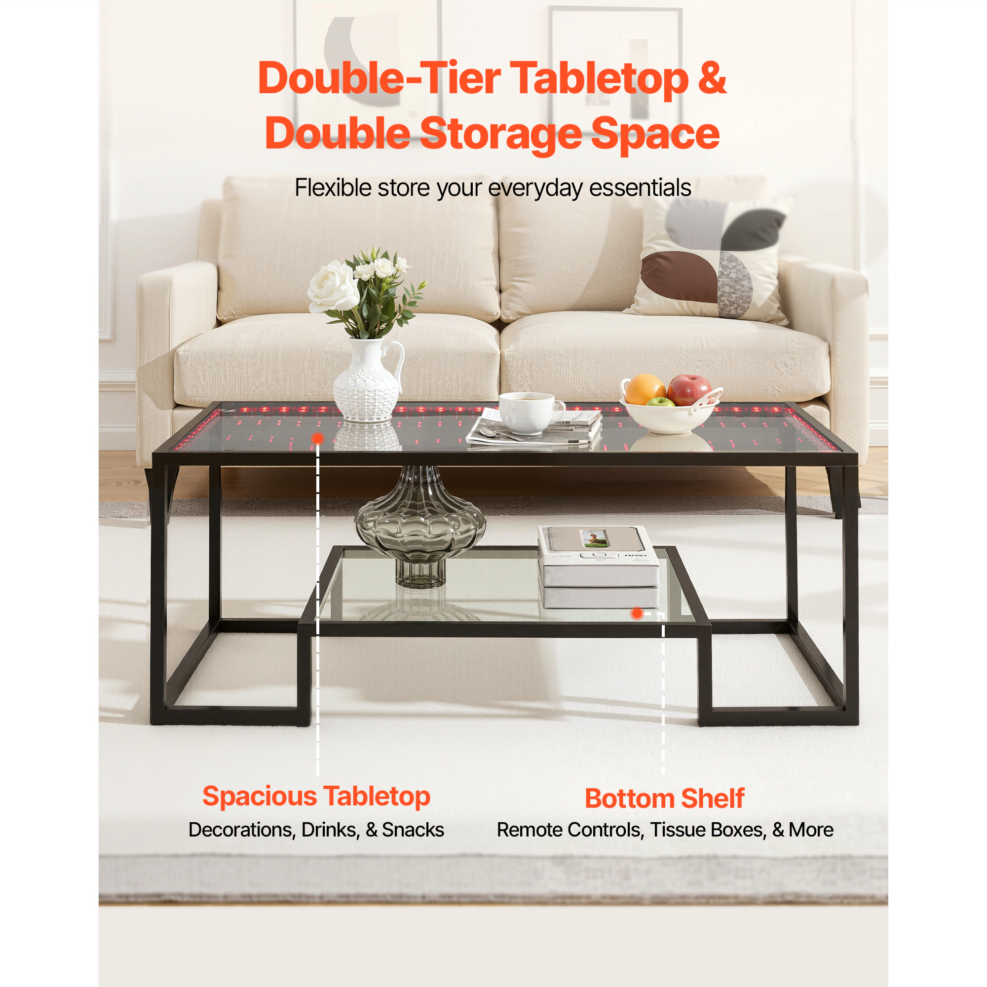 HONGGE Coffee Table Modern Tempered Glass Coffee Table with 2 Tiers Rectangle Glass Center Desk with Open Storage