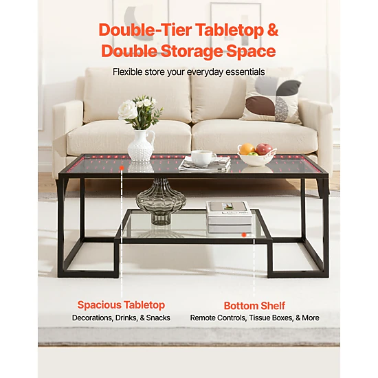 HONGGE Coffee Table Modern Tempered Glass Coffee Table with 2 Tiers Rectangle Glass Center Desk with Open Storage