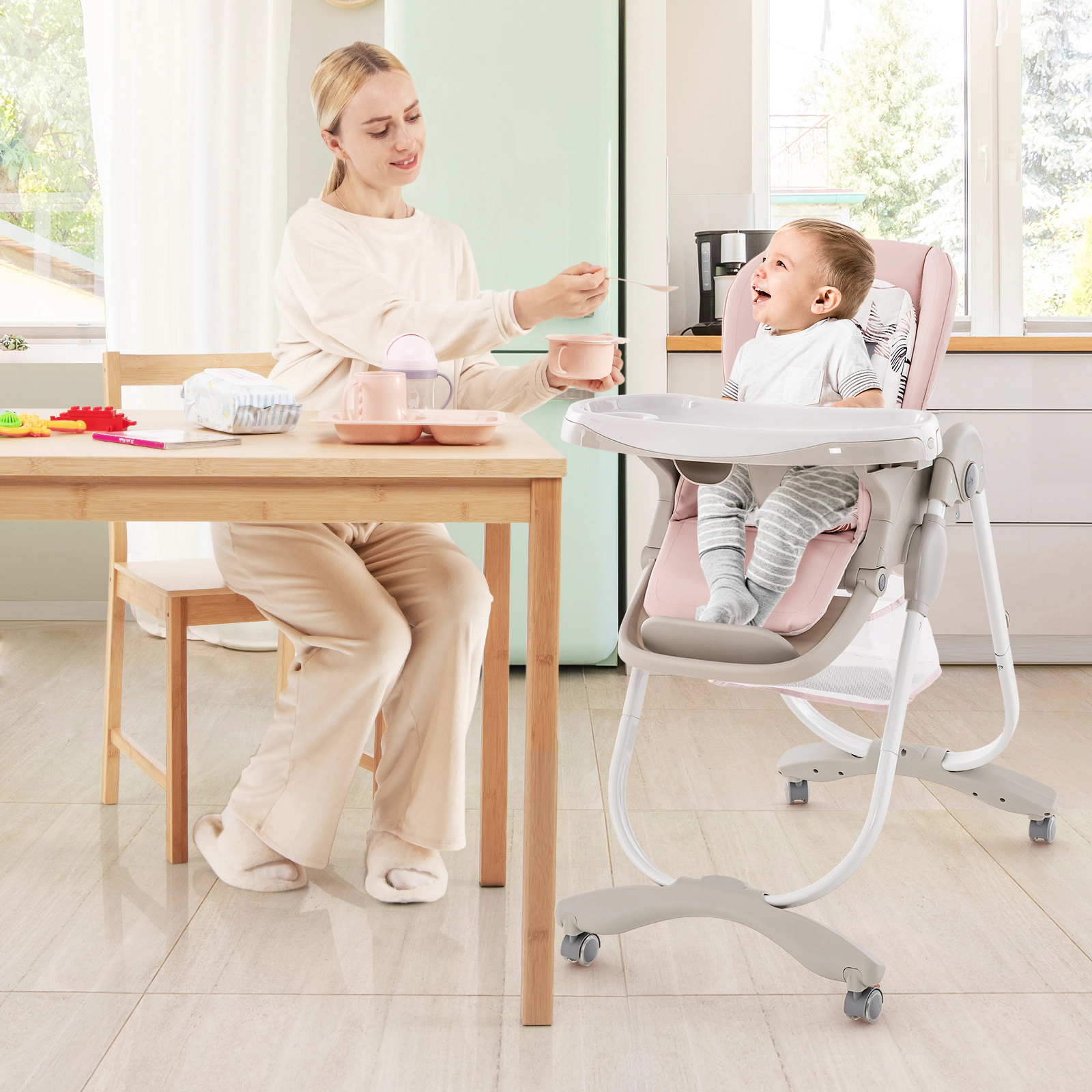 Folding Baby High Chair BPA-Free Heat-Resistant Dishwasher-Safe Tray Adjustable Backrest Footrest 6 to 36 Months Pink