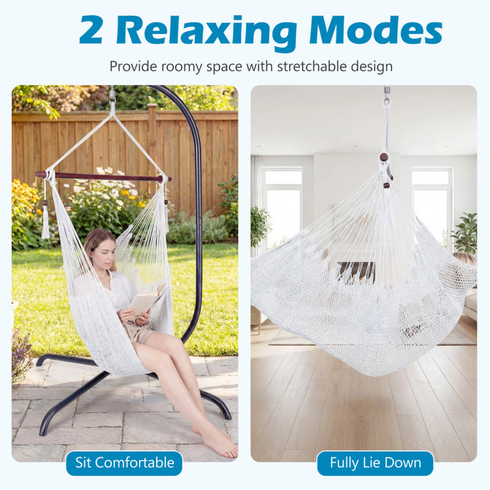 SUGIFT Beige Caribbean Rope Hammock Chair with Metal Spreader Bar