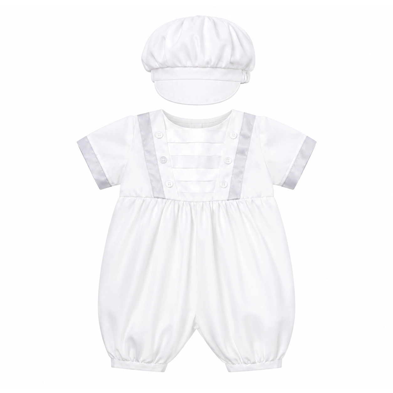 Laurenza's Baby Boys Satin Baptism Christening Romper with Matching Hat