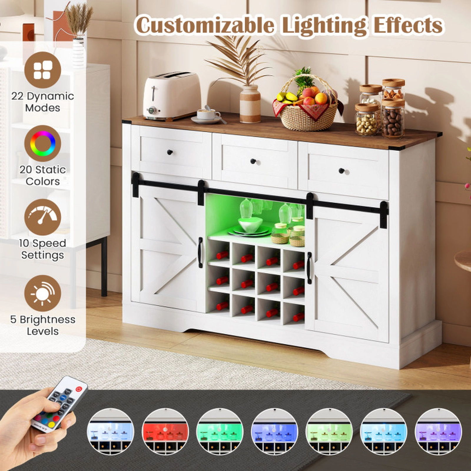 SUGIFT 52-in 240-lb Shelf Liquor and Wine Cabinet with LED Lights Remote Control and Sliding Barn Doors