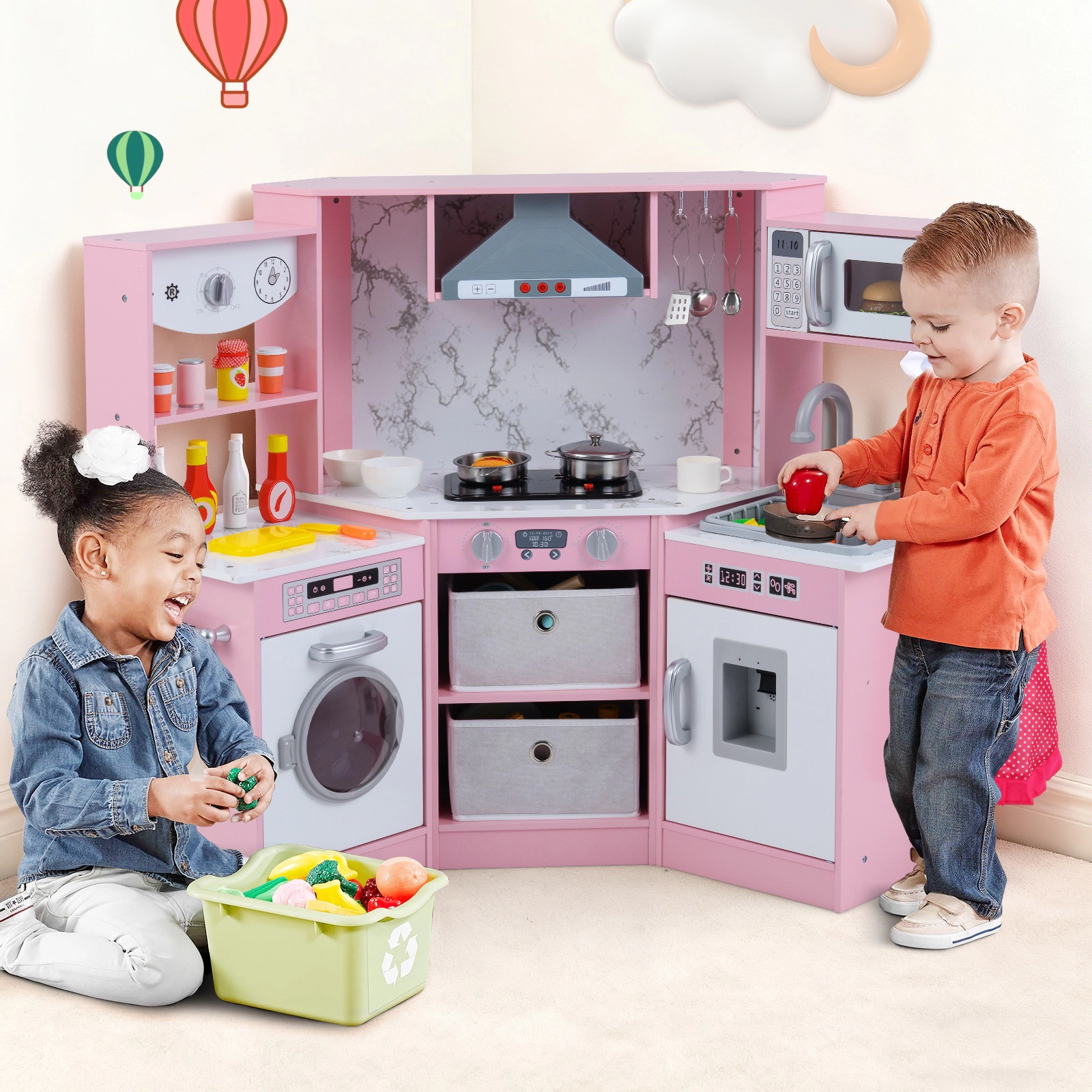 SUGIFT Wooden Kids Play Kitchen Playset with Realistic Lights and Sounds 18-in Stovetop Height Ages 3+ Gray/Coffee