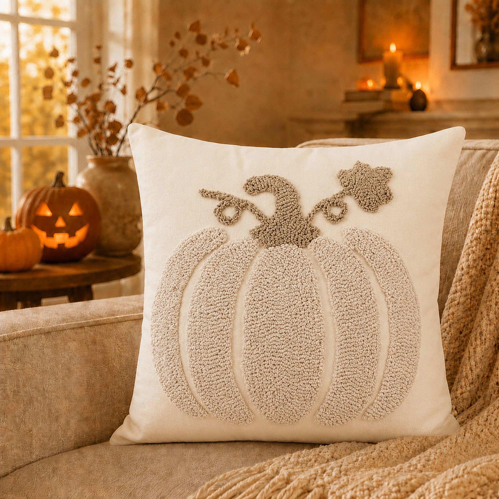 Alilang Fall Thanksgiving Tufted Pumpkin Vine Decorative Throw Pillow Cover