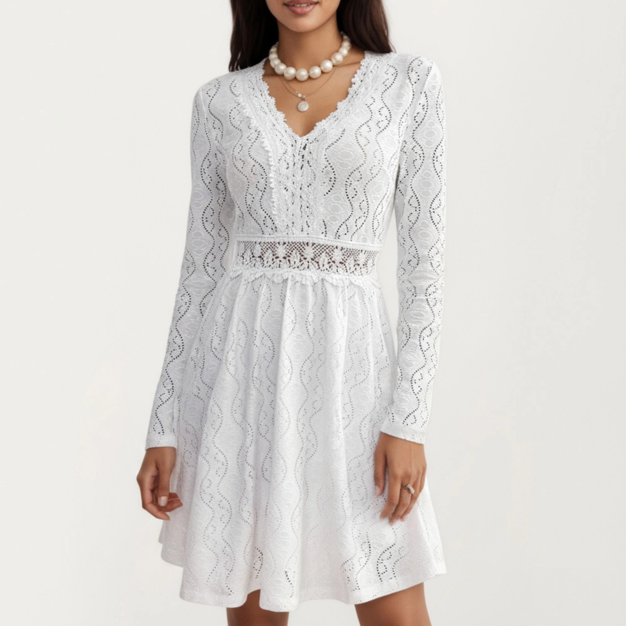 Anna-Kaci Women's Long Sleeve Lace V Neck Sheer Waist Detail Mini Dress