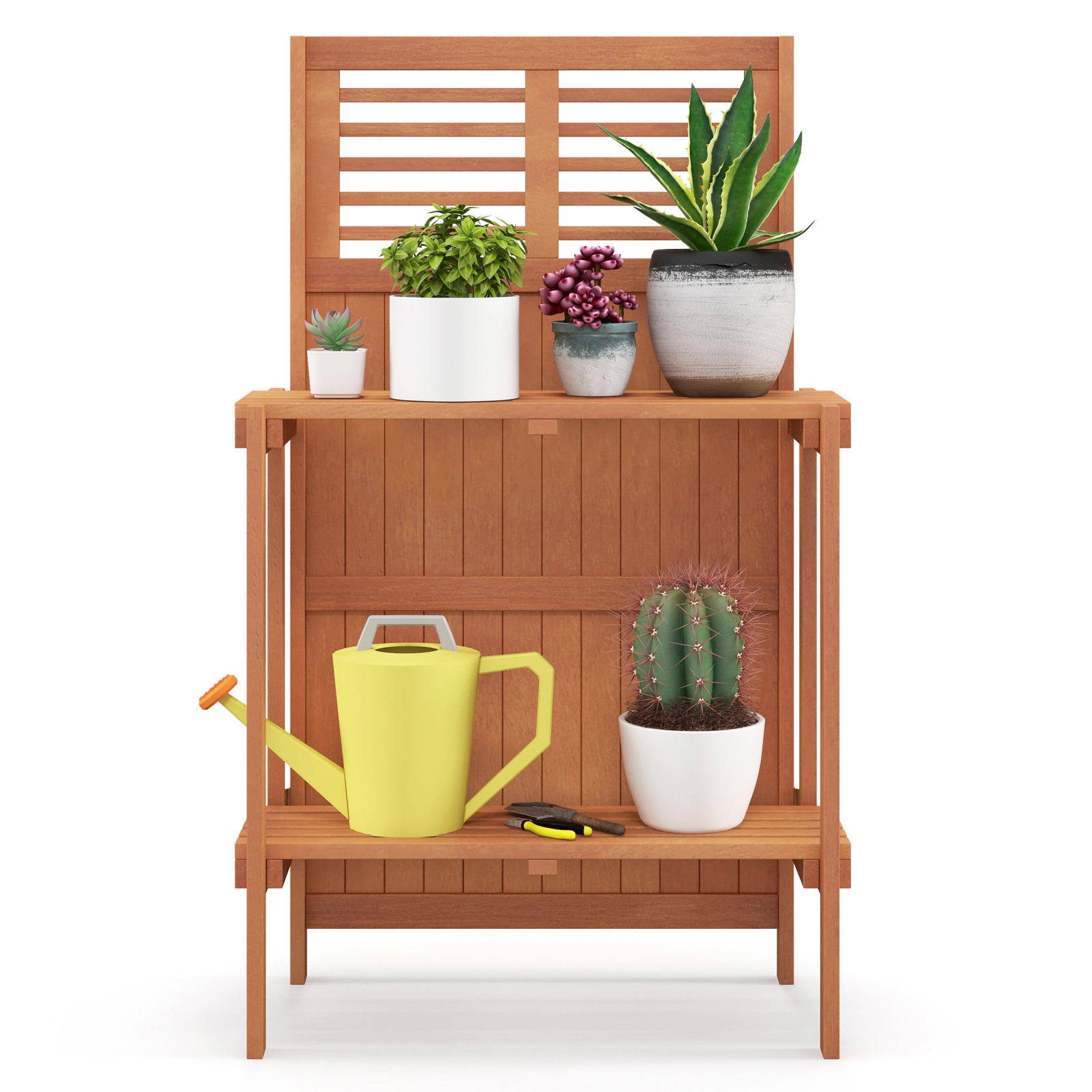 SUGIFT Folding Garden Potting Bench Outdoor Planter Table with 2-Tier Shelves 33-lb Capacity Natural
