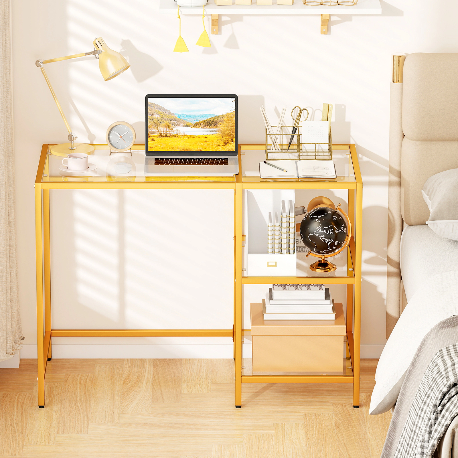 LJG Modern Console Table with 2 Open Shelves and Metal Frame