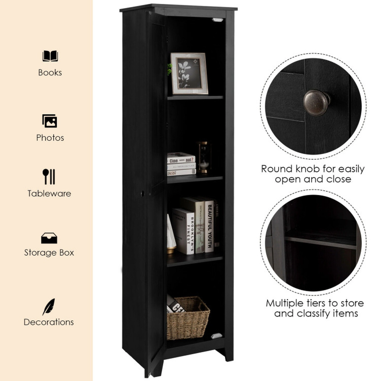 SUGIFT Tall Slim Linen Tower Bathroom Storage Cabinet with 4 Shelves 11-lb Shelf Capacity MDF Particleboard Black