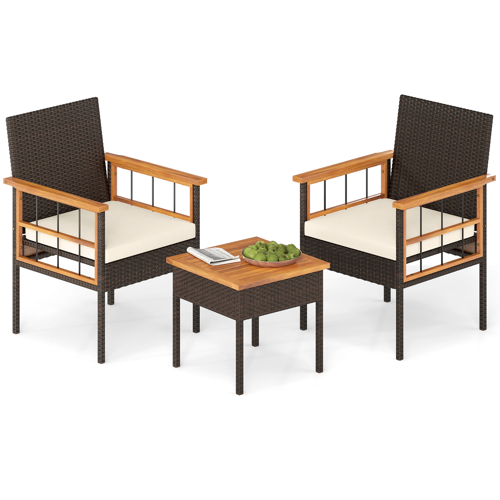 LJG 3 Piece Wicker Furniture Set with Acacia Wood Tabletop and Armrest for Balcony