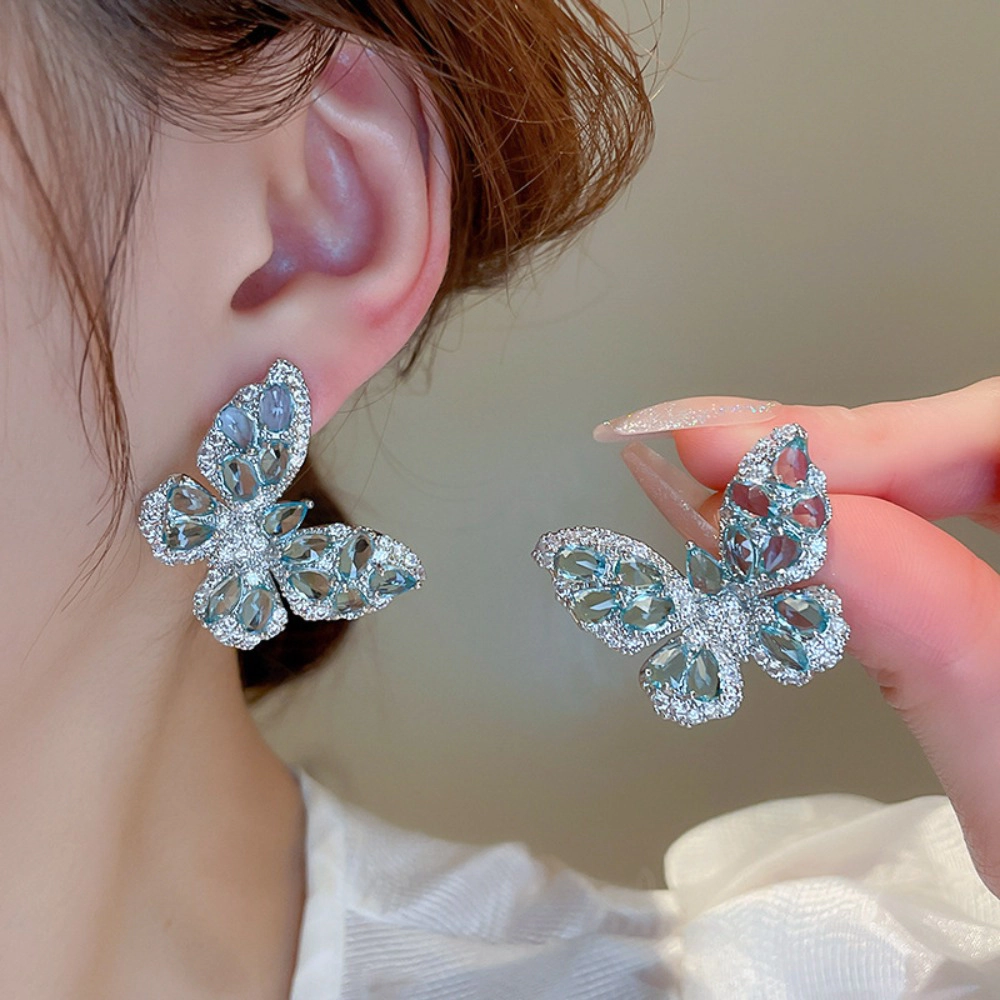 Aqua Blue Cubic Zirconia Butterfly Stud Earring for Women