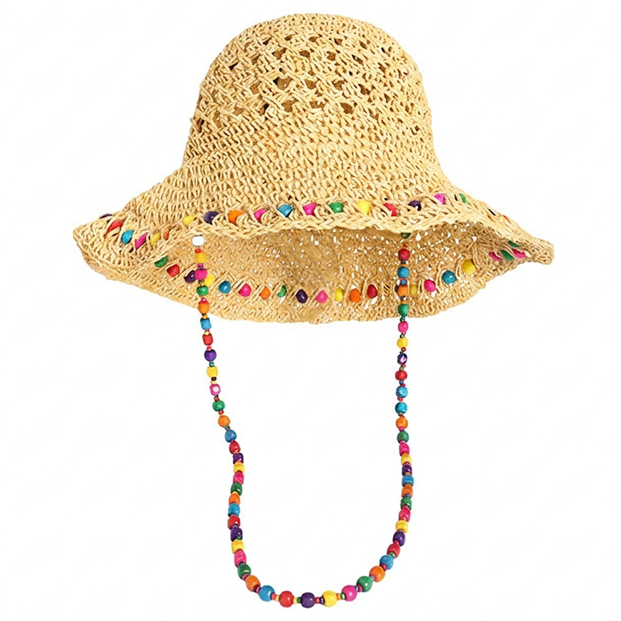 Anna-Kaci Women's Crochet Bucket Sun Hat with Beaded Chin Strap and Open Weave Brim