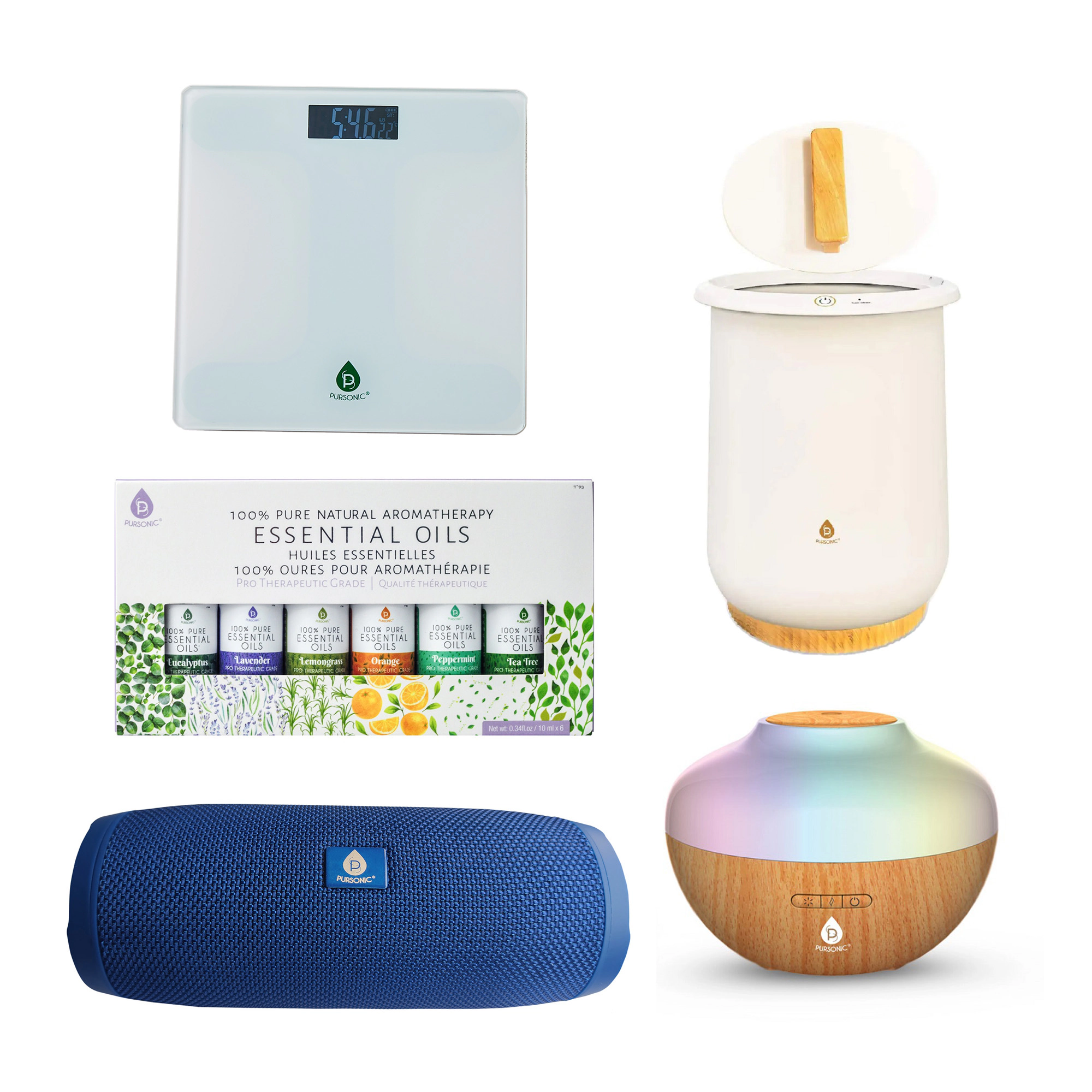 Pursonic Unisex Home Spa Wellness Set: Aromatherapy Diffuser, 6-Pack Essential Oils & Wireless Speaker