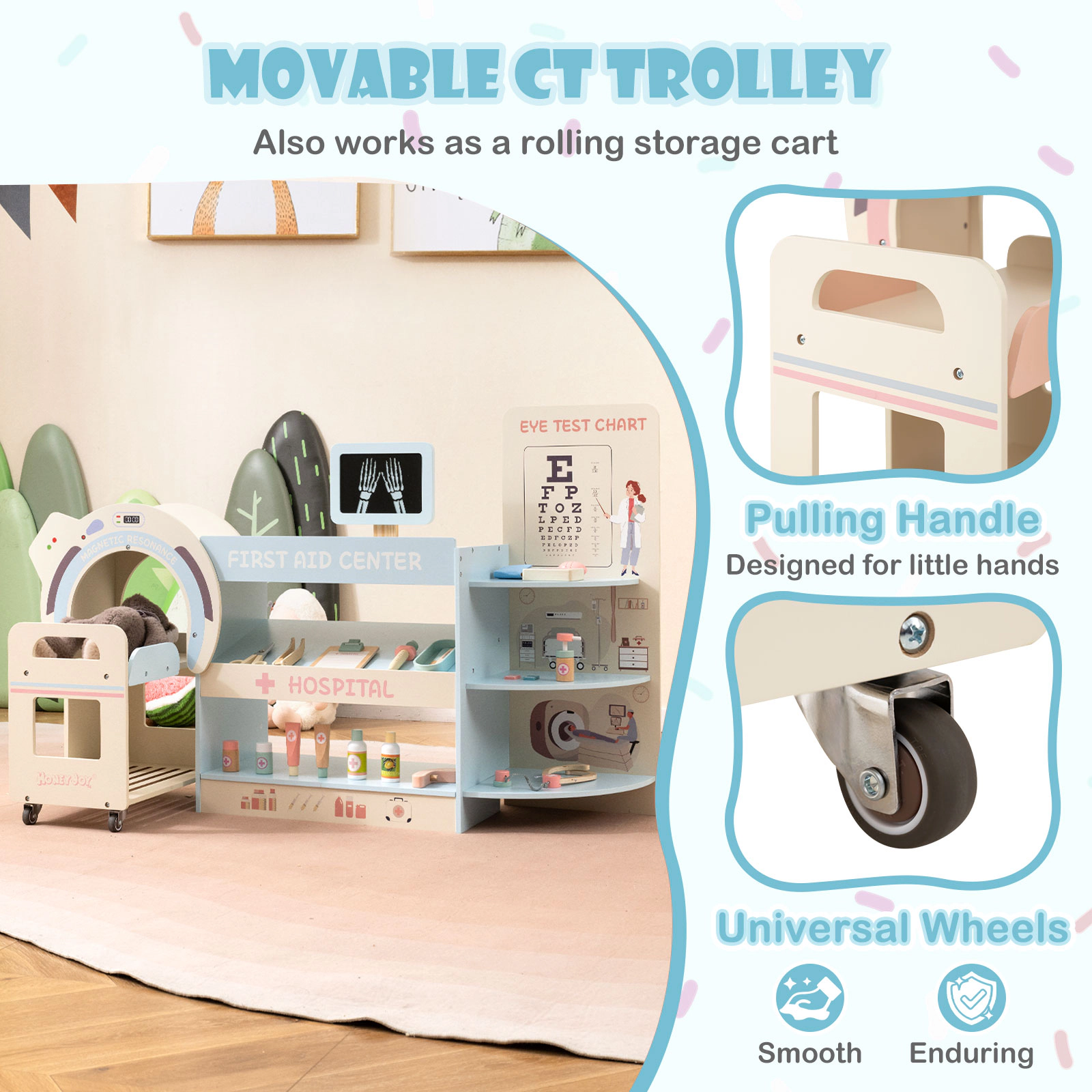 Hivvago Kids Doctor Play Set Wooden Pretend Hospital Office Kit with Eye Chart Toy CT Machine