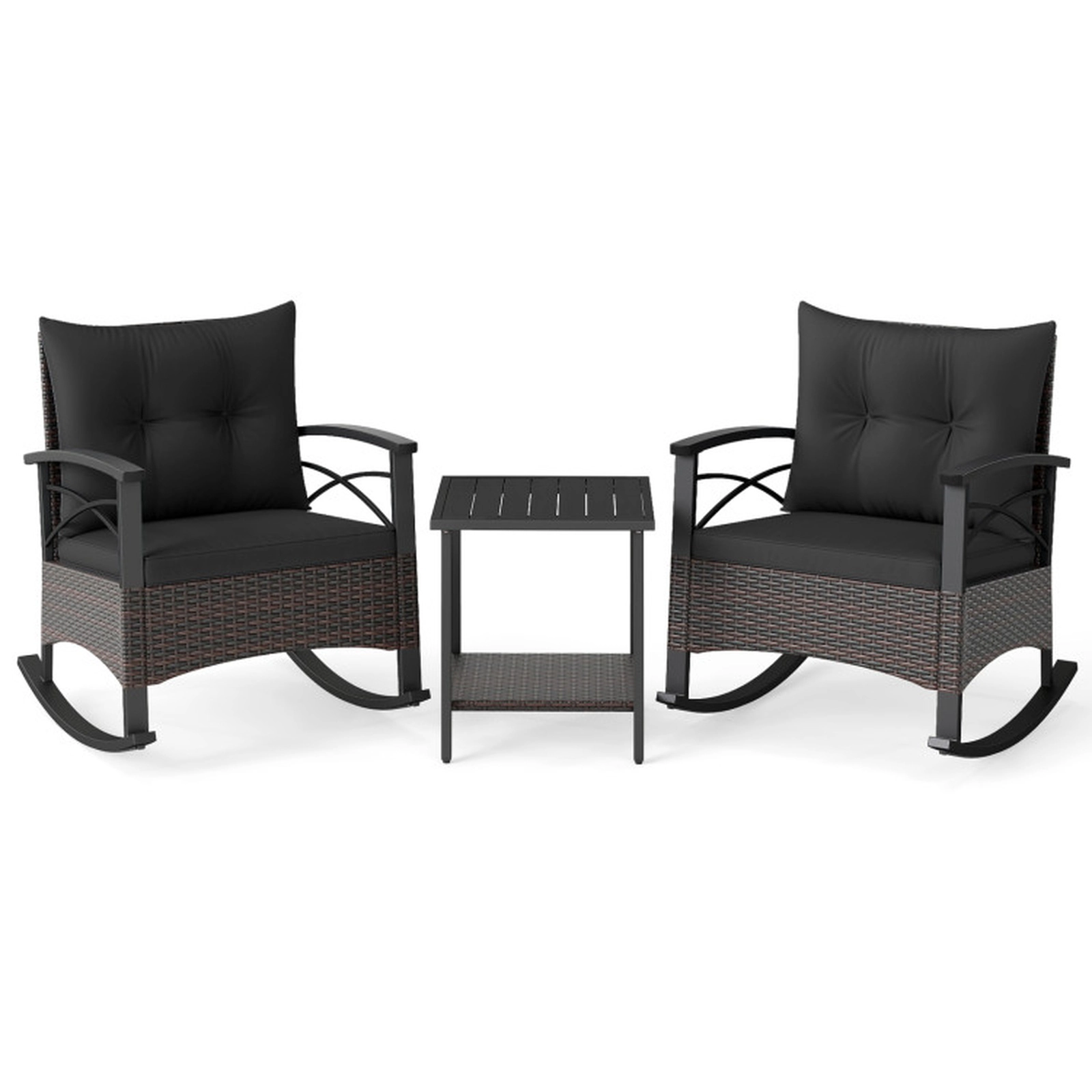 SUGIFT Rocking Conversation Bistro Set with Rocker Chairs & 2-Tier Table 400-lb Chair Capacity Mix Brown Rattan Cushions
