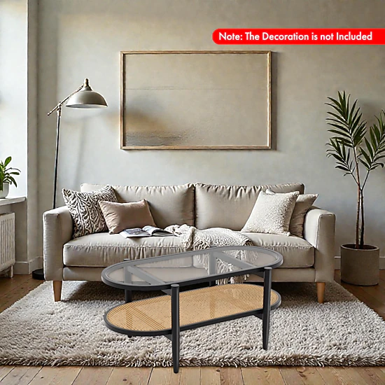 Hivvago Acacia Wood Coffee Table with Clear Glass Top and Lower Storage Shelf