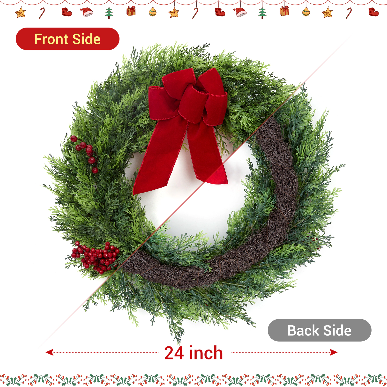 BebreezChic 24" Artificial Xmas Cypress Wreath, Berries & Crimson Velvet Cake Bow, Front Door, Indoor/Outdoor, Green