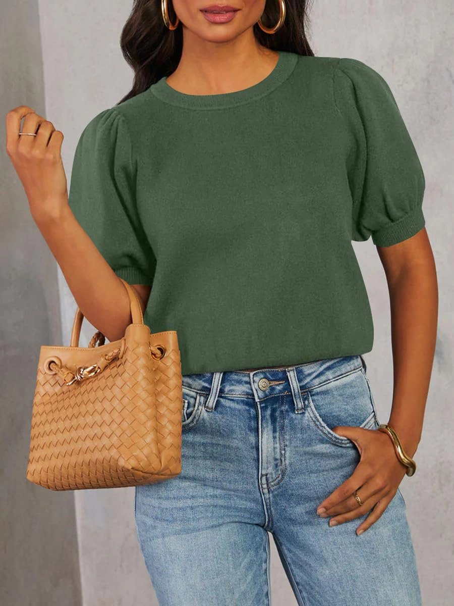 KOJOOIN Women's Puff Short Sleeve Tops Crew Neck Outfits Casual T Shirts Clothing Sweaters