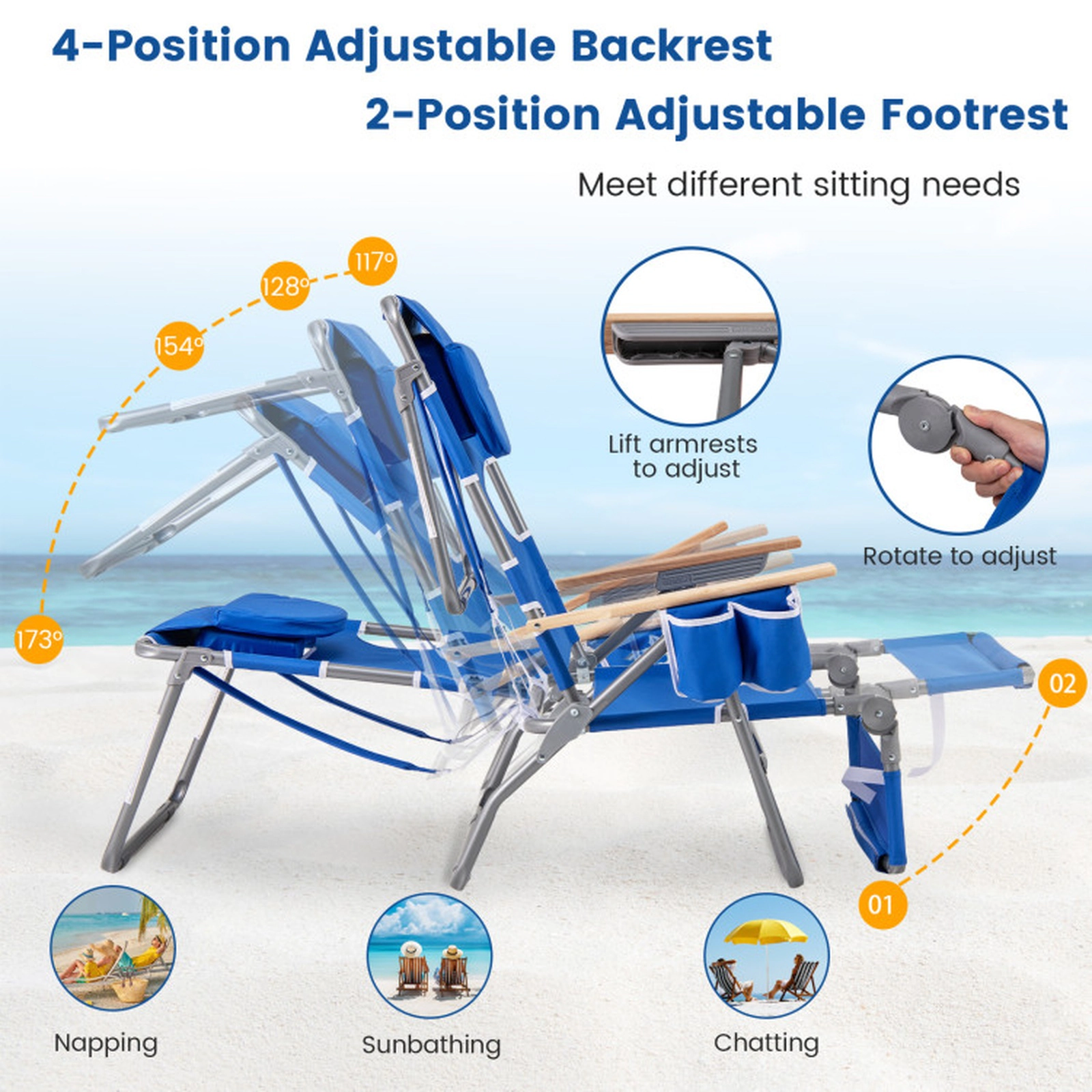 SUGIFT 3-in-1 Foldable Beach Chair with Adjustable Backrest and Footrest 330-lb Capacity Navy