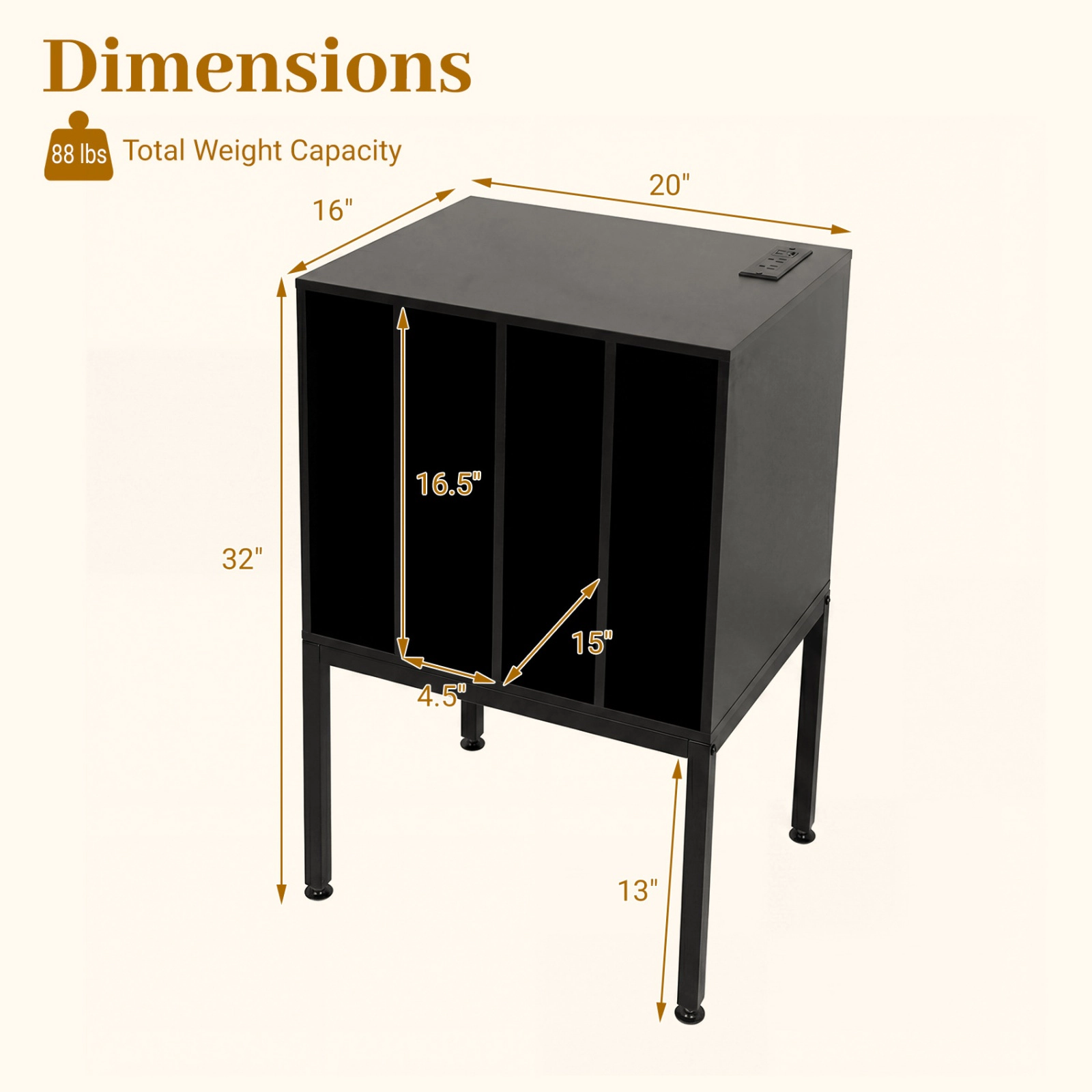 SUGIFT Turntable Record Player Stand Black with Power Outlets and 4-Partition Storage