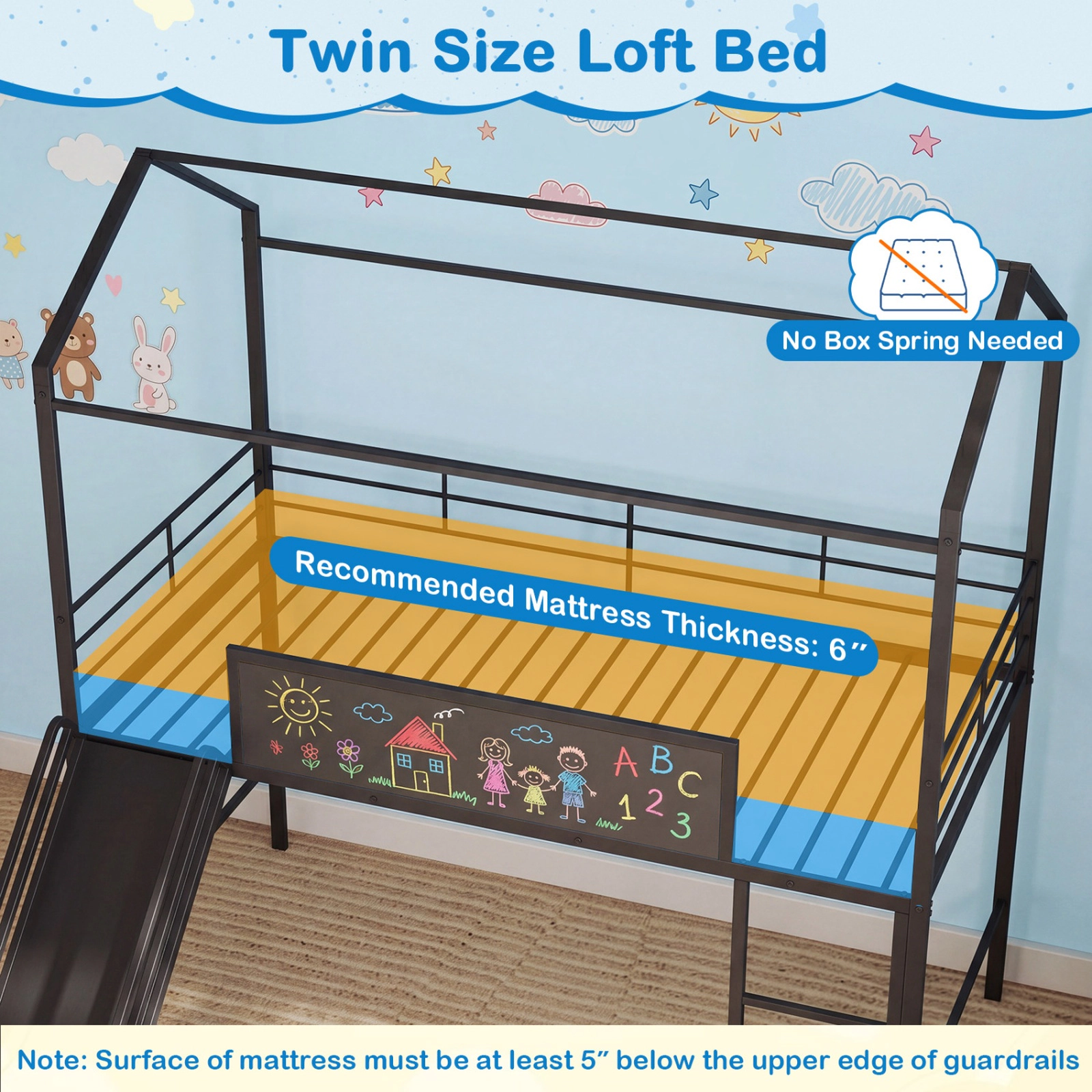 SUGIFT Black House Frame Slide Ladder and Chalkboard Kids Twin Loft Bed