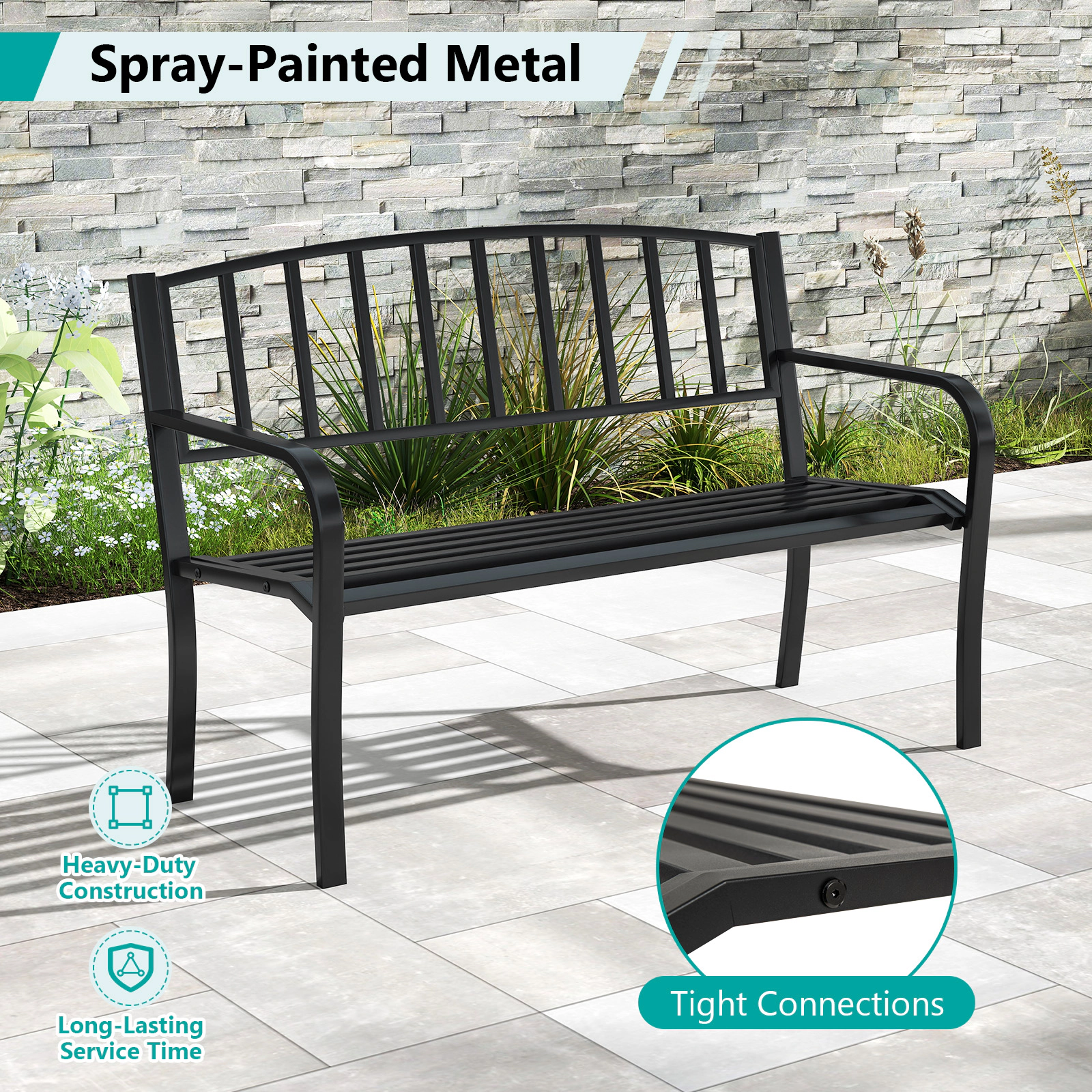 SUGIFT 50-Inch Black Metal Outdoor Garden Bench, 660-Lb Capacity, Slatted Backrest and Curved Armrests